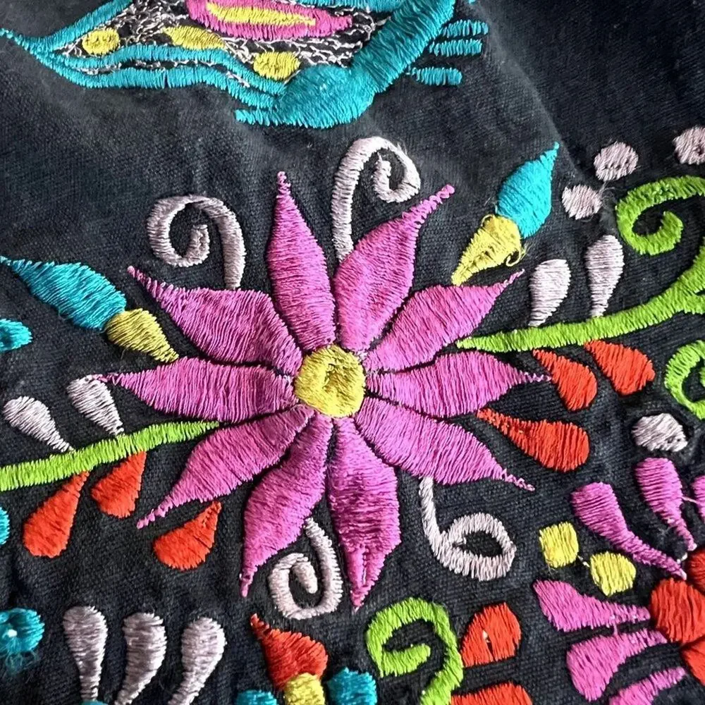 Artisan Mexican Embroidered Campesina Peasant Dress Girls 7-8 Black Boho
